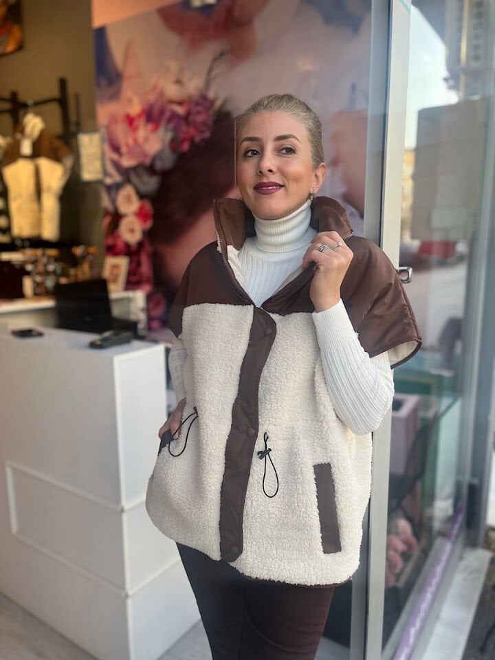 Garnili Peluş Yelek-Kahve