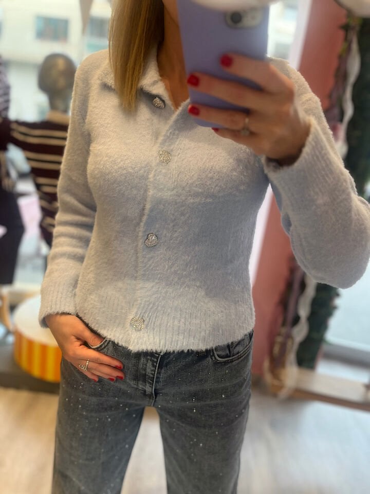 Kalp Düğmeli Yumoş Hırka-Bebe Mavi