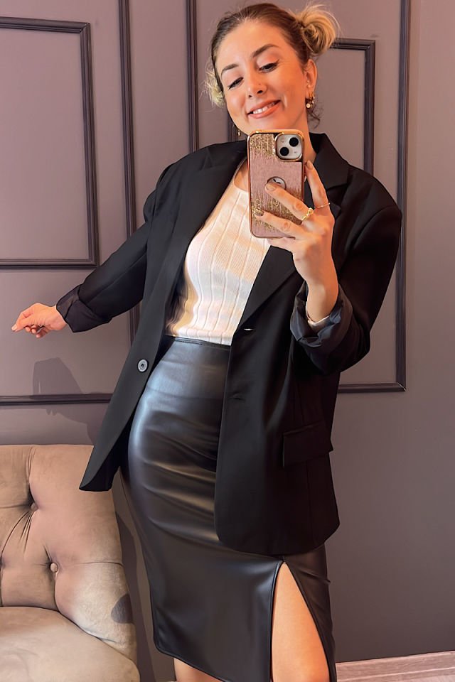 Yırtmaçlı Kalem Deri Etek-Siyah