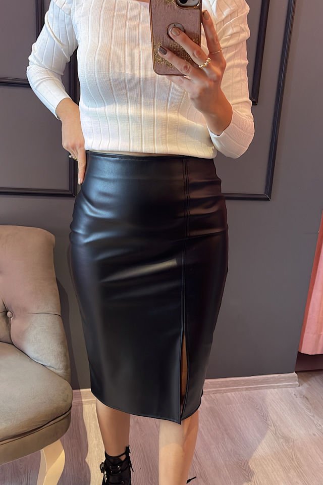 Yırtmaçlı Kalem Deri Etek-Siyah