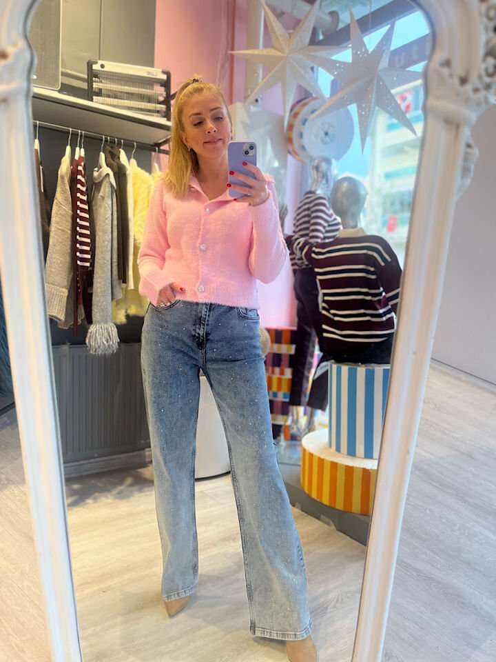 Kalp Düğmeli Yumoş Hırka-Pembe