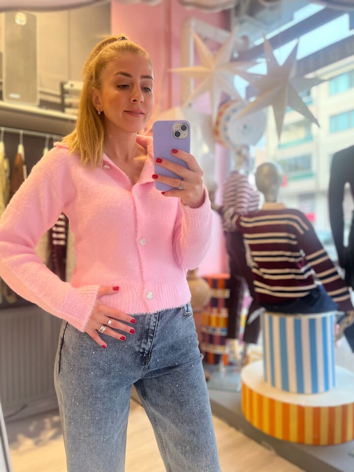 Kalp Düğmeli Yumoş Hırka-Pembe