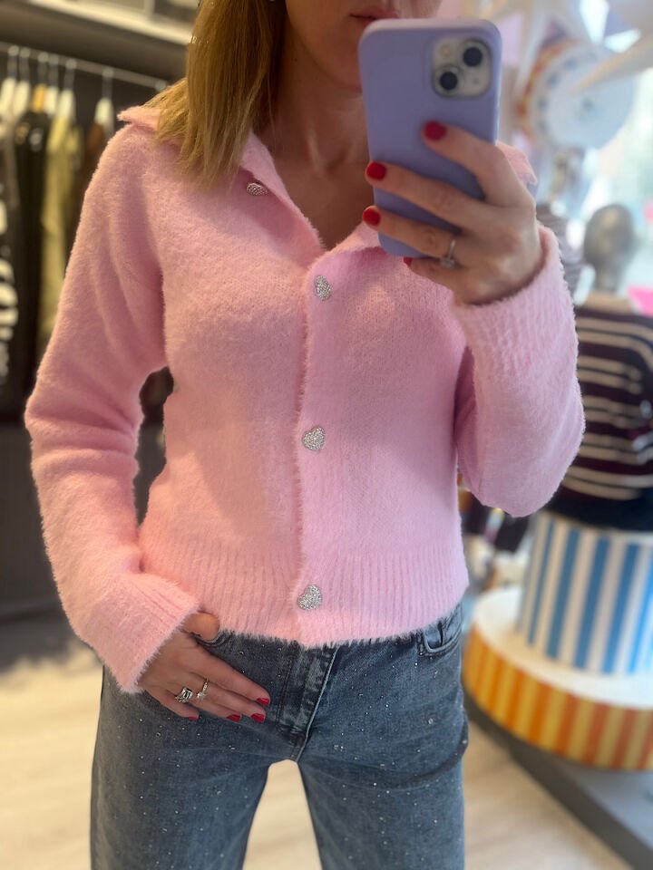 Kalp Düğmeli Yumoş Hırka-Pembe