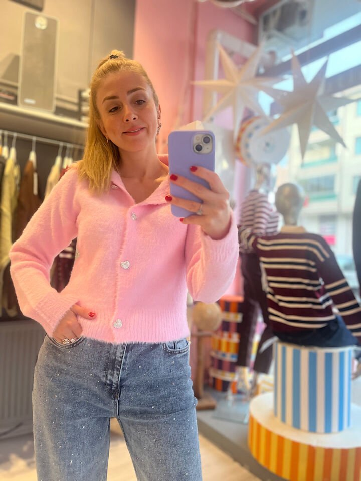 Kalp Düğmeli Yumoş Hırka-Pembe