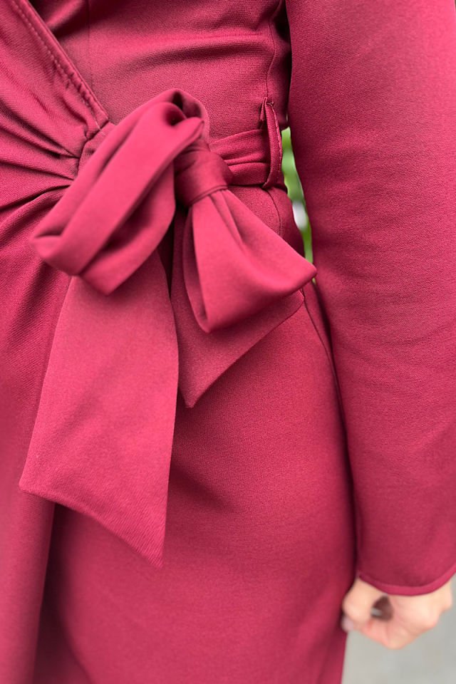 Vatkalı Kruvaze Elbise-Bordo