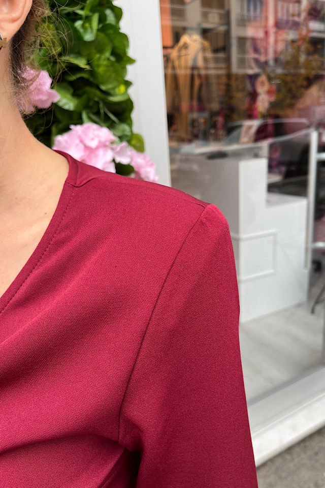 Vatkalı Kruvaze Elbise-Bordo