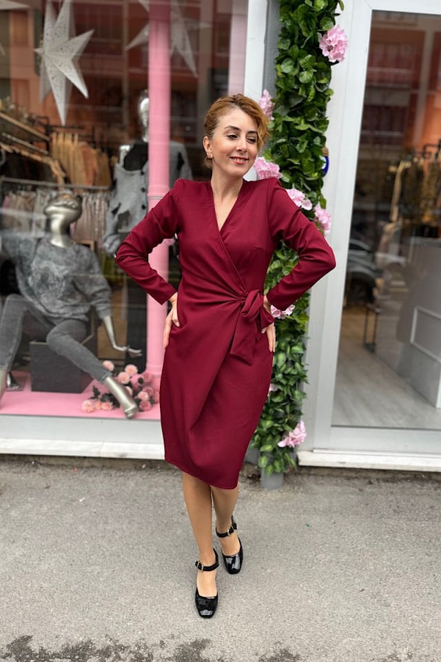 Vatkalı Kruvaze Elbise-Bordo