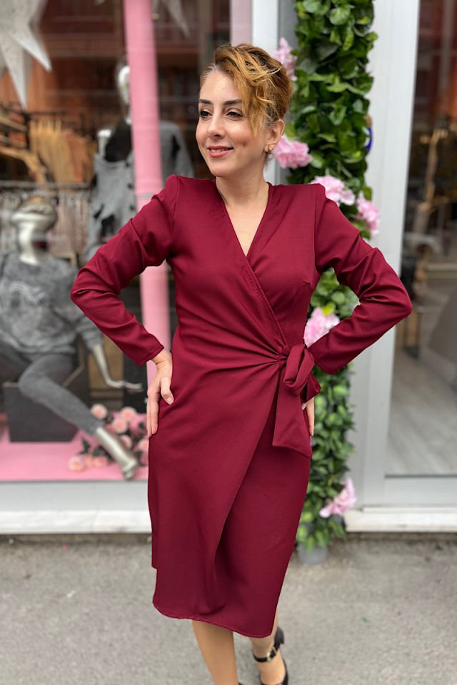 Vatkalı Kruvaze Elbise-Bordo