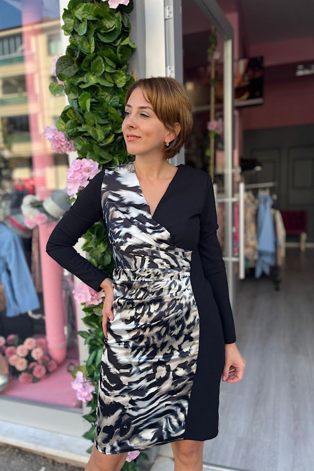 Yarısı Saten Double Elbise -Siyah