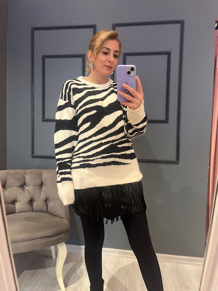 Zebra Desen Yumoş Triko-Ekru