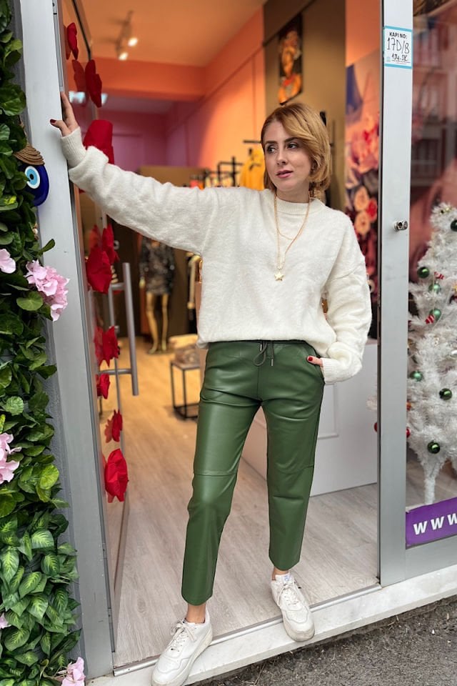 Deri Mom Fit Pantolon-Haki