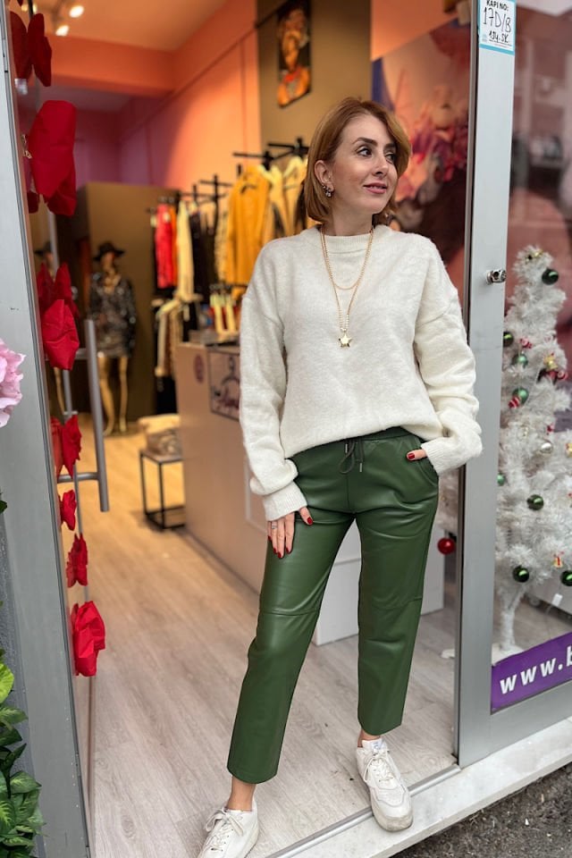 Deri Mom Fit Pantolon-Haki