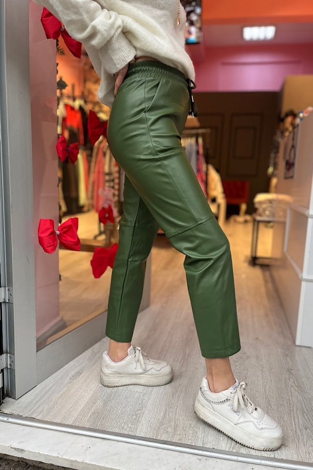 Deri Mom Fit Pantolon-Haki