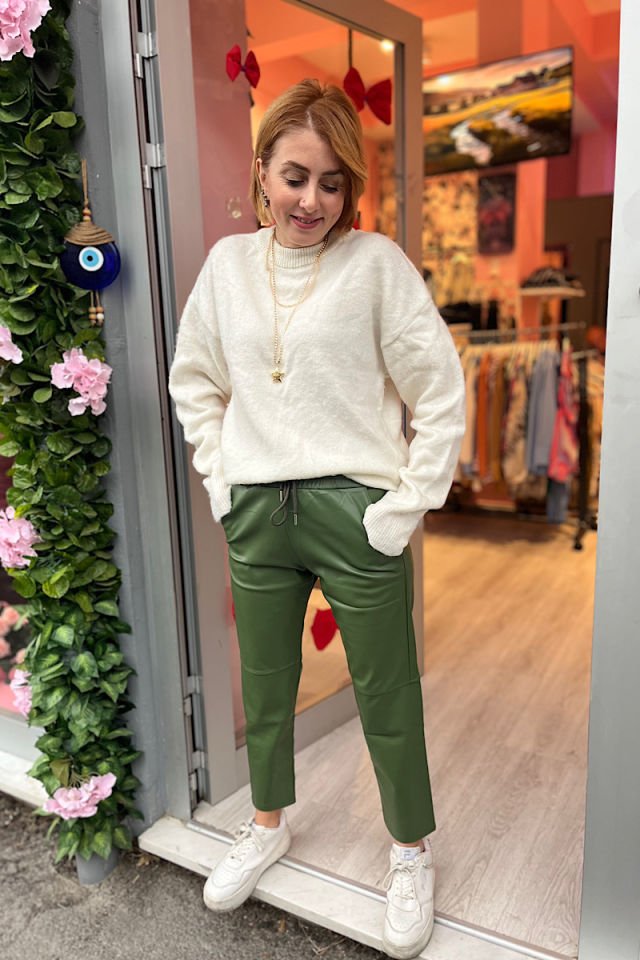 Deri Mom Fit Pantolon-Haki