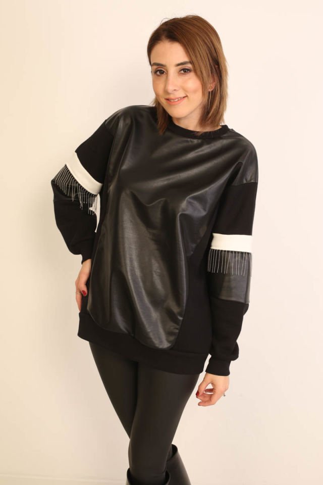 Zincir ve Deri Detaylı Sweatshirt
