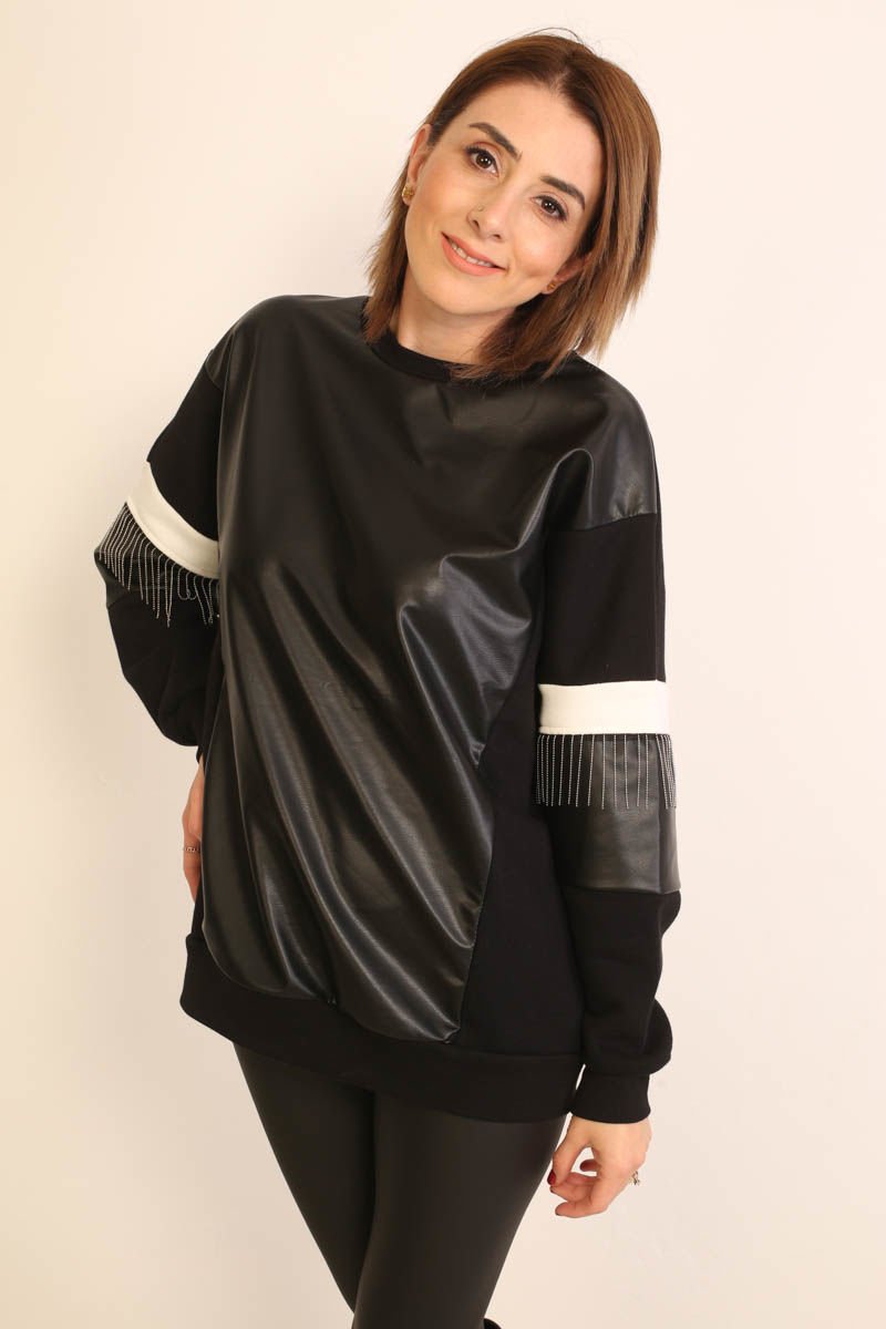 Zincir ve Deri Detaylı Sweatshirt