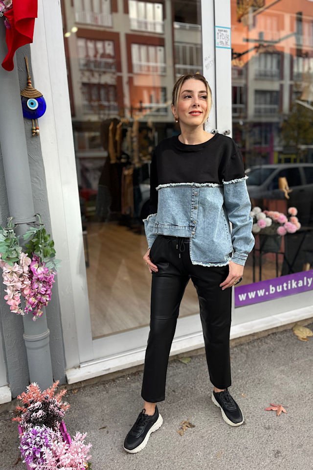 Yarısı Kot Sweatshirt -Siyah