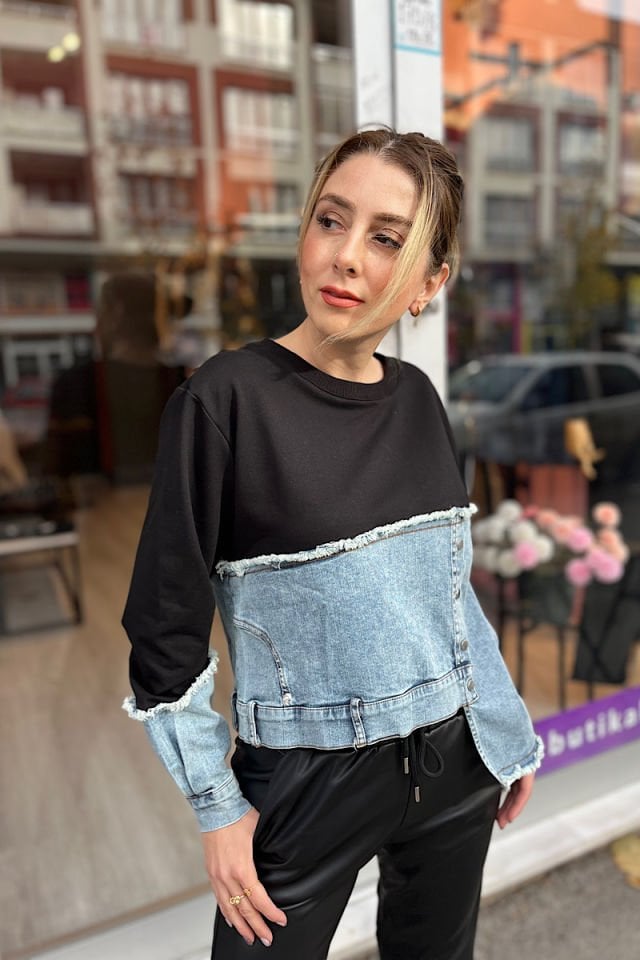 Yarısı Kot Sweatshirt -Siyah