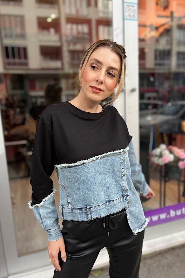 Yarısı Kot Sweatshirt -Siyah