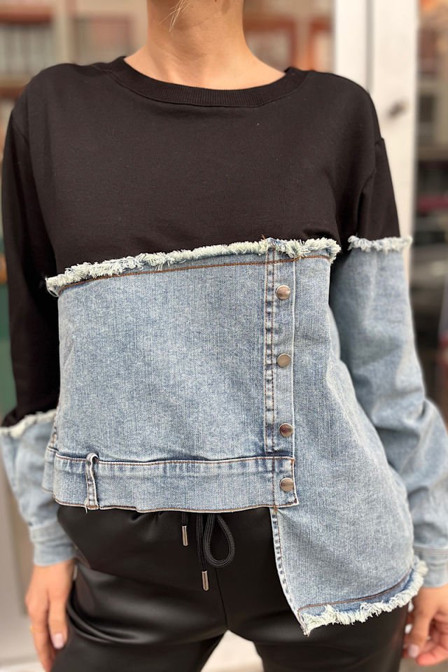 Yarısı Kot Sweatshirt -Siyah