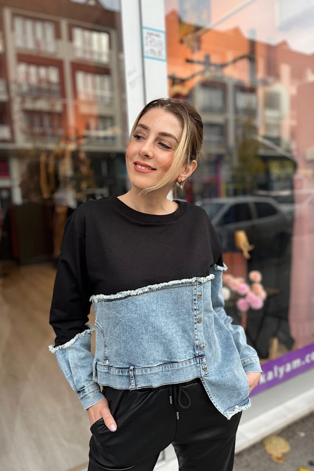 Yarısı Kot Sweatshirt -Siyah