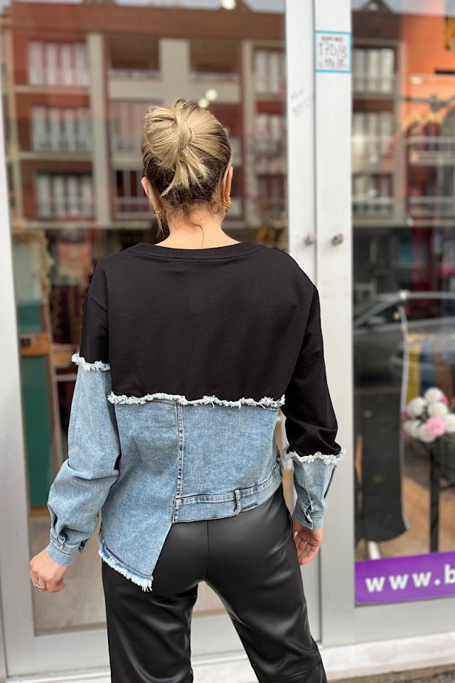 Yarısı Kot Sweatshirt -Siyah