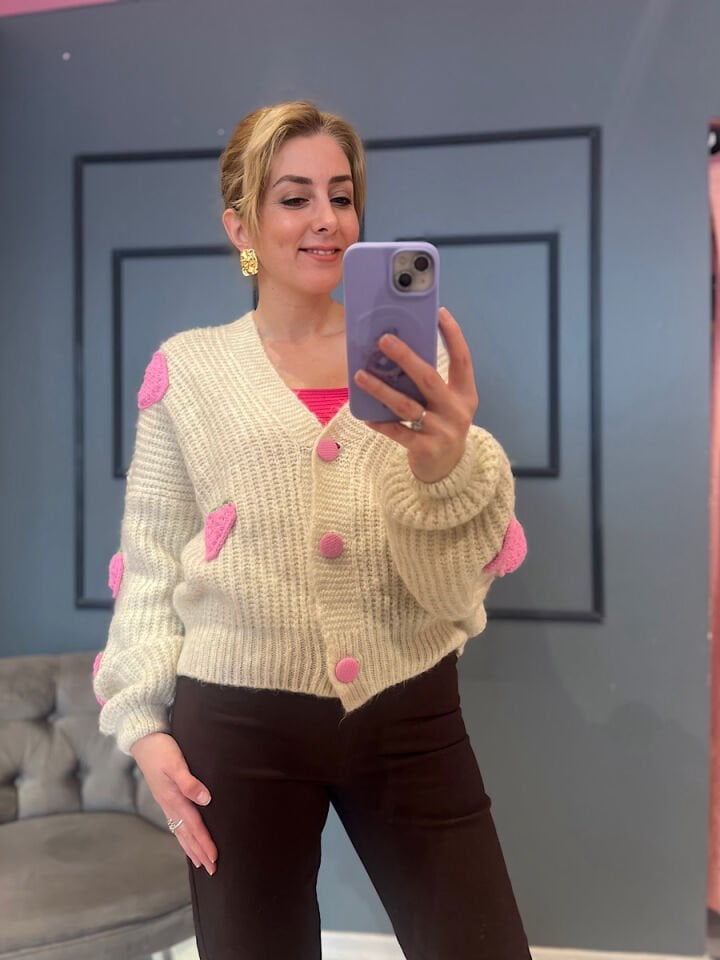 Çilekli Hırka -Krem