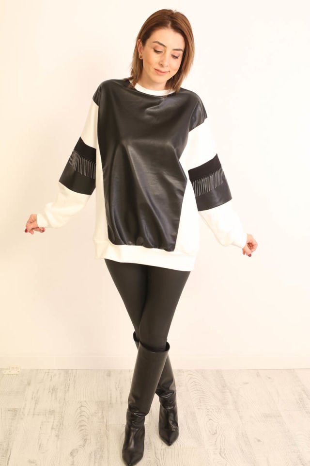 Zincir ve Deri Detaylı Sweatshirt