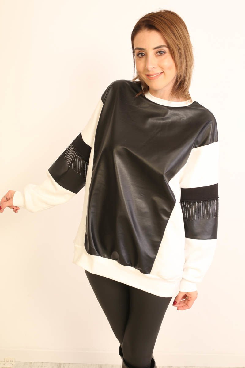 Zincir ve Deri Detaylı Sweatshirt