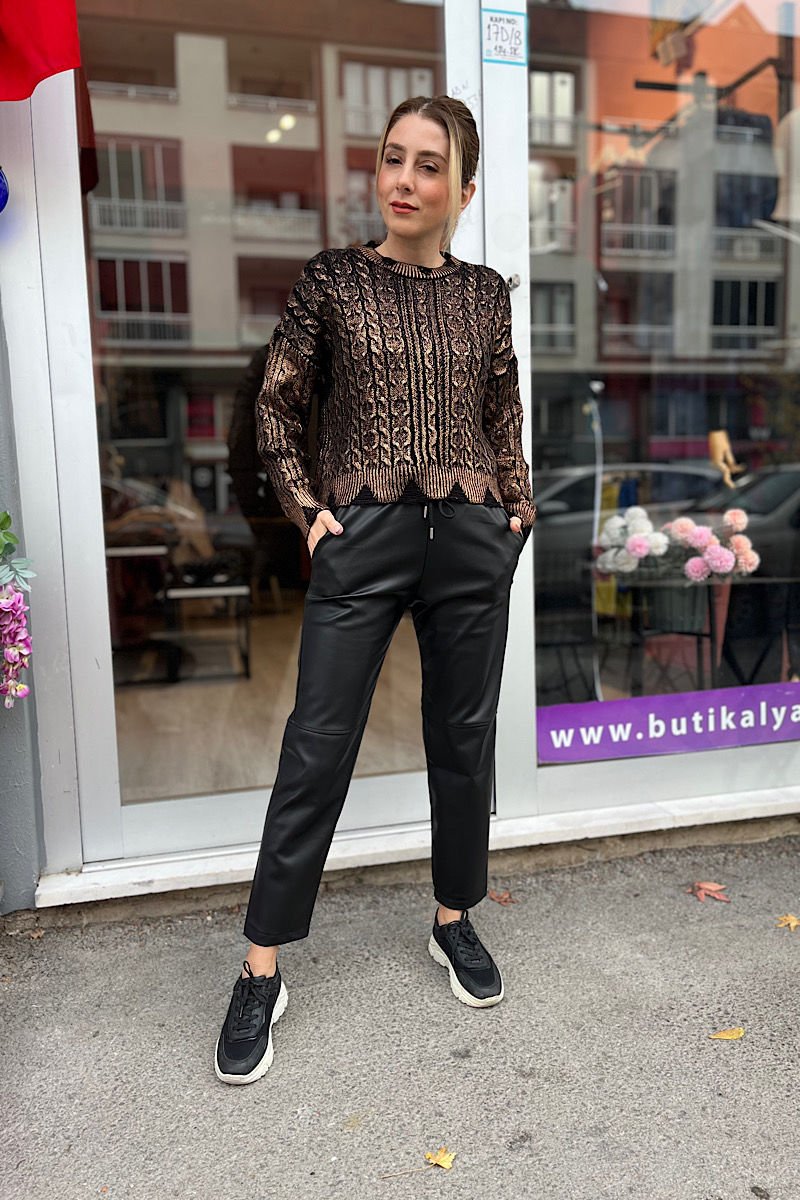 Deri Mom Fit Pantolon -Siyah
