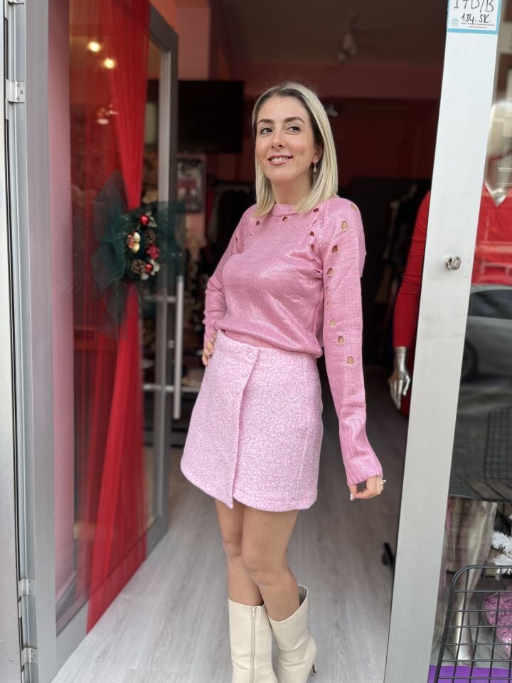 Delikli Metalik Triko -Pembe