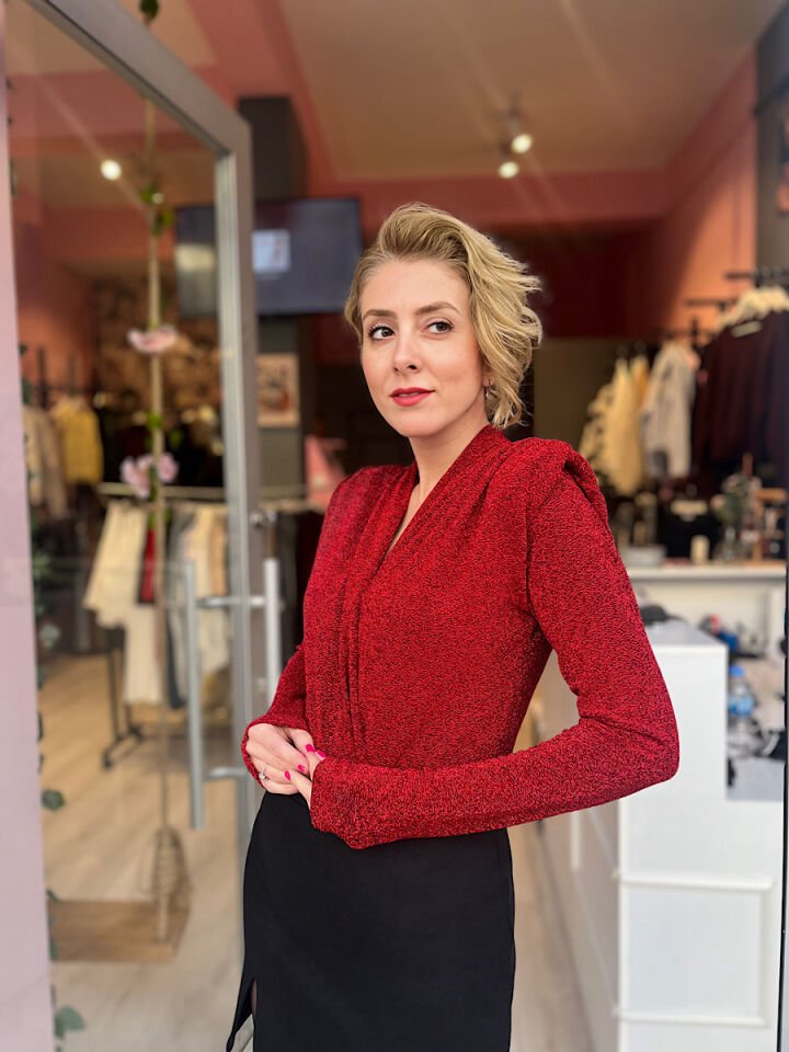 Vatkalı Kruvaze Simli Bluz-Kırmızı