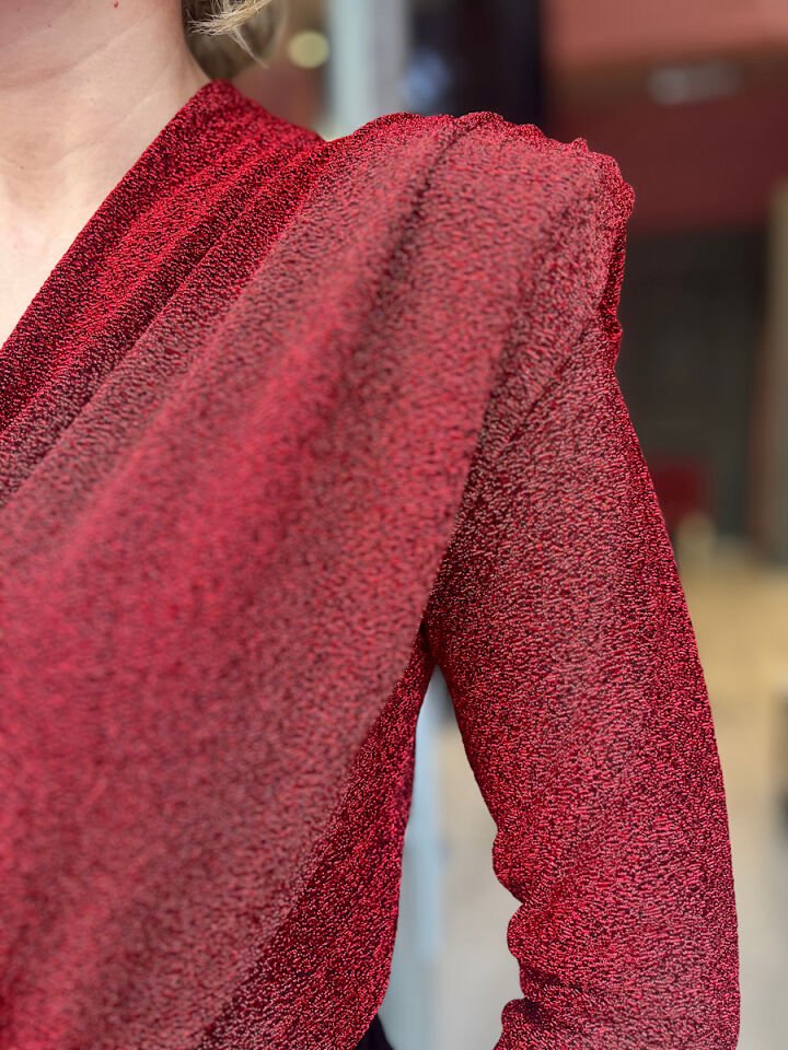 Vatkalı Kruvaze Simli Bluz-Kırmızı