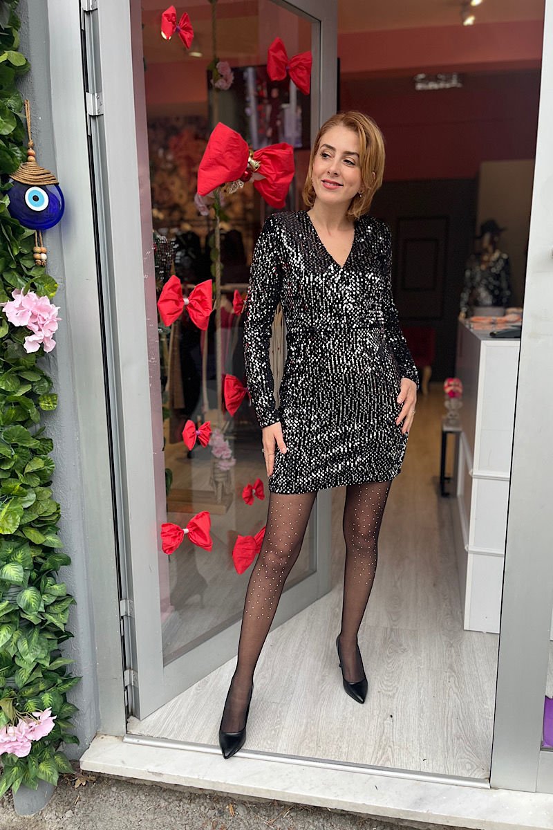 Kruvaze Pullu Elbise -Gümüş