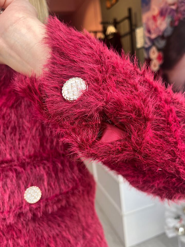 Tüylü Etek Ceket Takım -Bordo