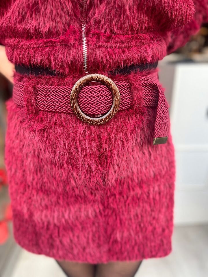 Tüylü Etek Ceket Takım -Bordo