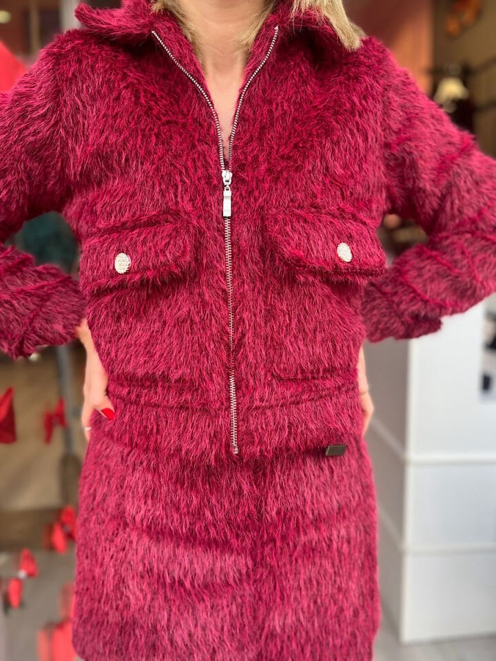 Tüylü Etek Ceket Takım -Bordo