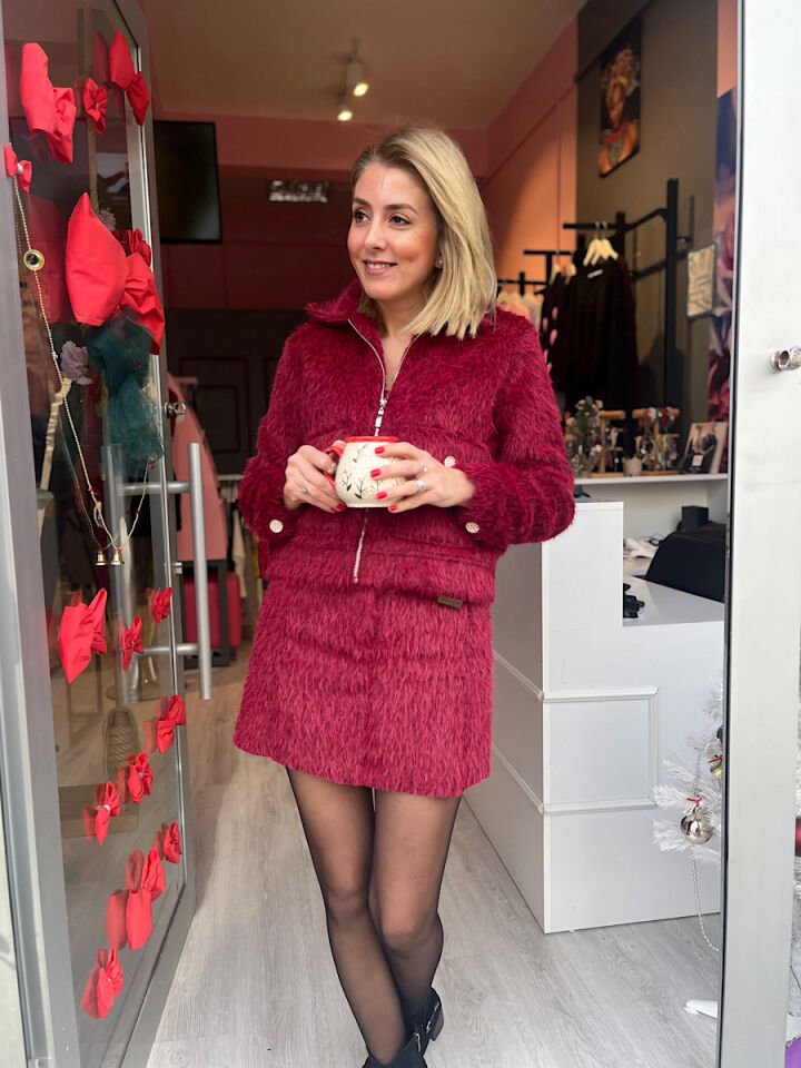 Tüylü Etek Ceket Takım -Bordo