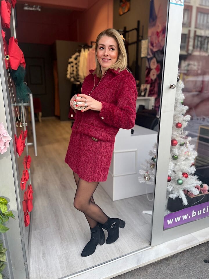 Tüylü Etek Ceket Takım -Bordo