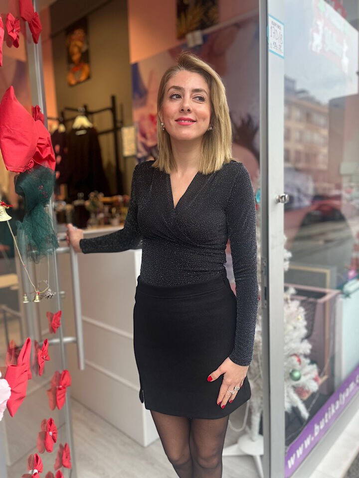 Simli Kruvaze Bluz-Füme