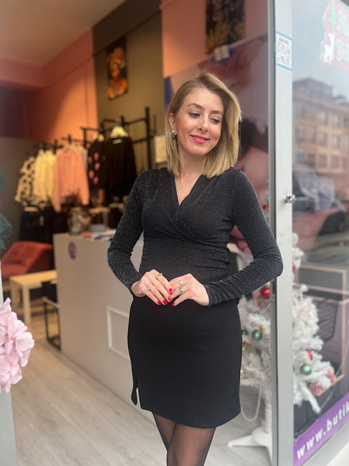 Simli Kruvaze Bluz-Füme