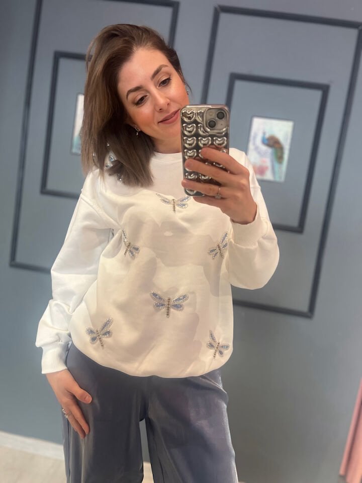 Yusufçuk İşlemeli Sweatshirt-Beyaz