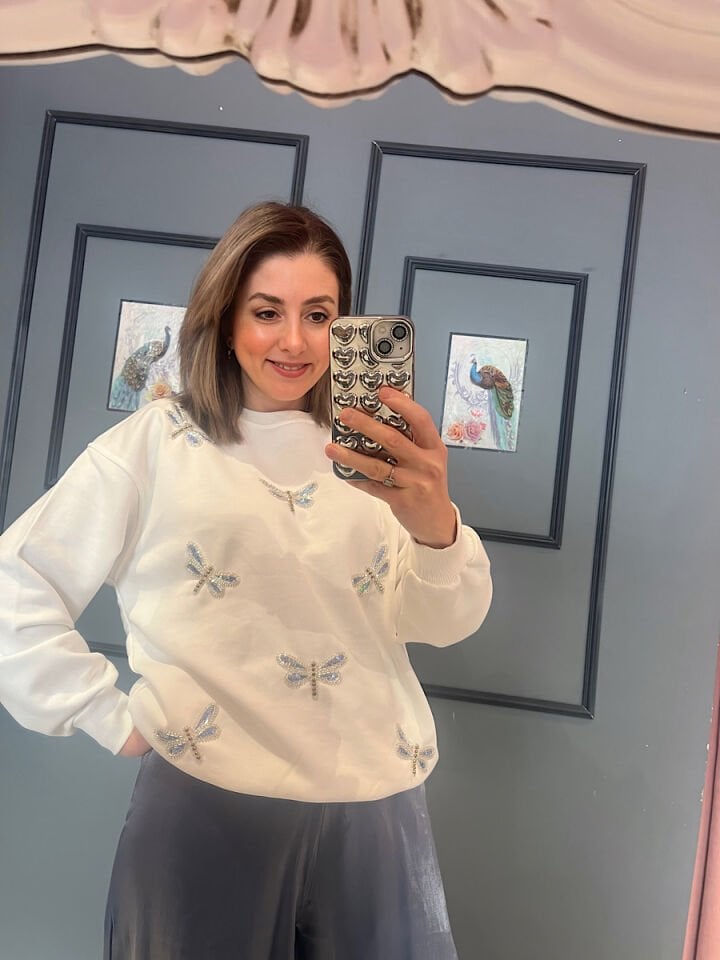 Yusufçuk İşlemeli Sweatshirt-Beyaz