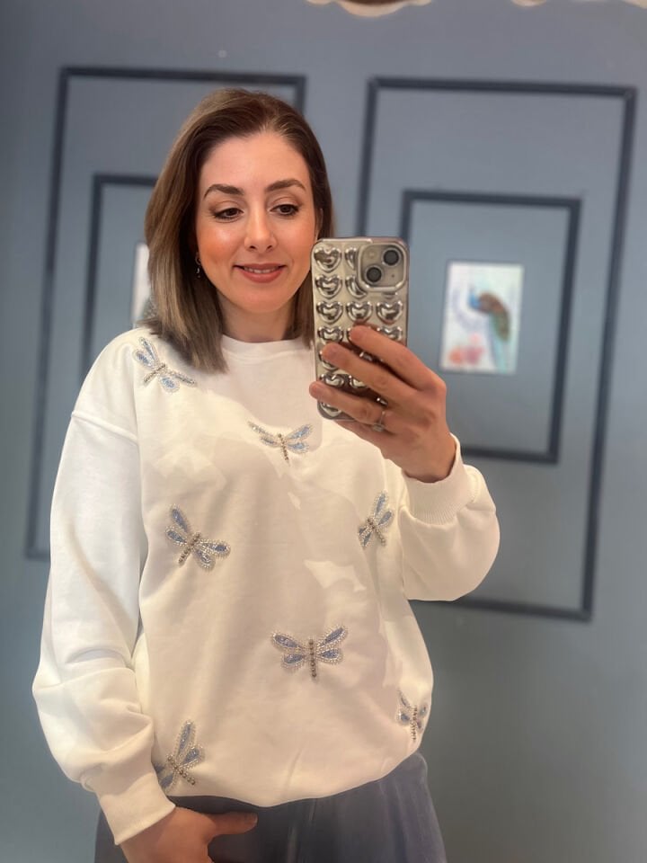 Yusufçuk İşlemeli Sweatshirt-Beyaz