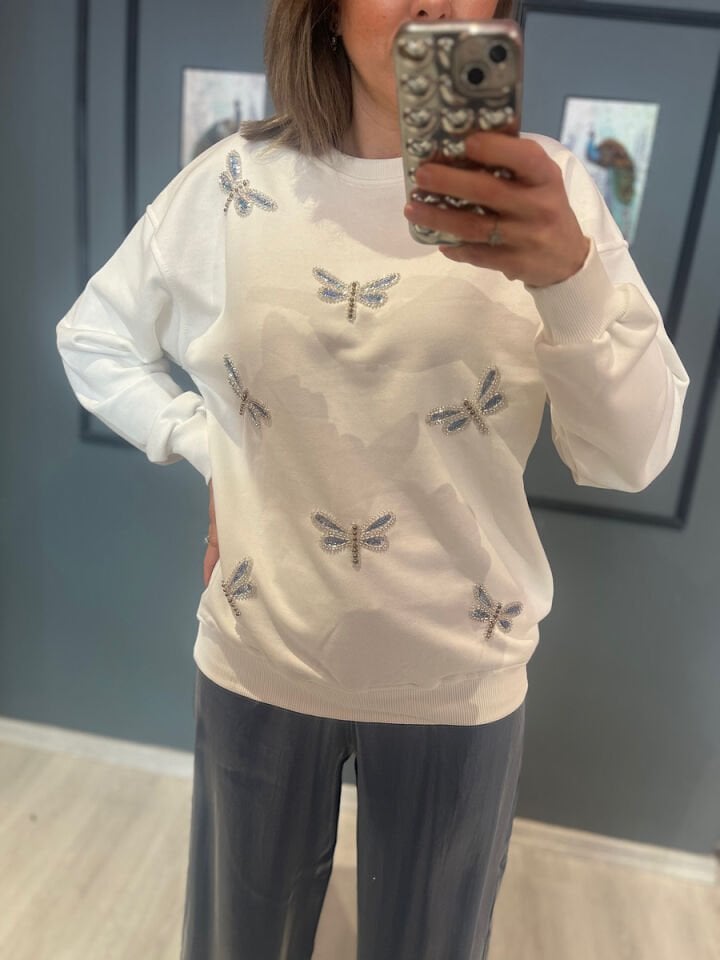 Yusufçuk İşlemeli Sweatshirt-Beyaz
