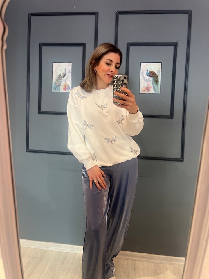 Yusufçuk İşlemeli Sweatshirt-Beyaz