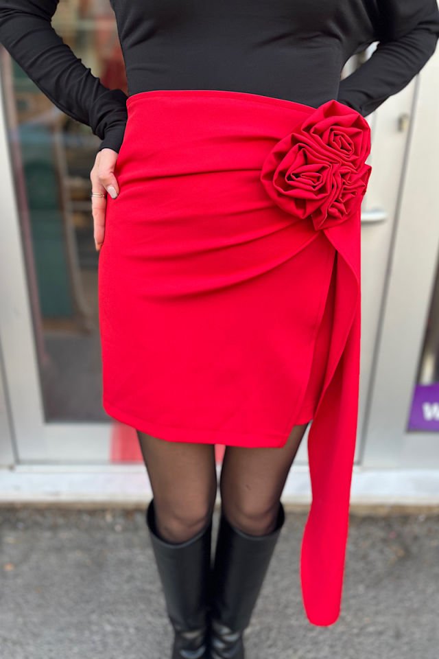 Güllü Mini Etek-Kırmızı