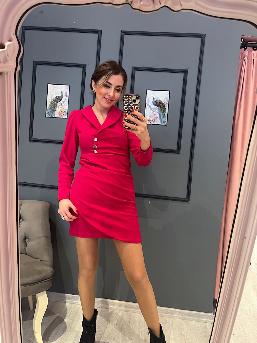 Ceket Yaka Krep Kumaş Elbise-Fuşya