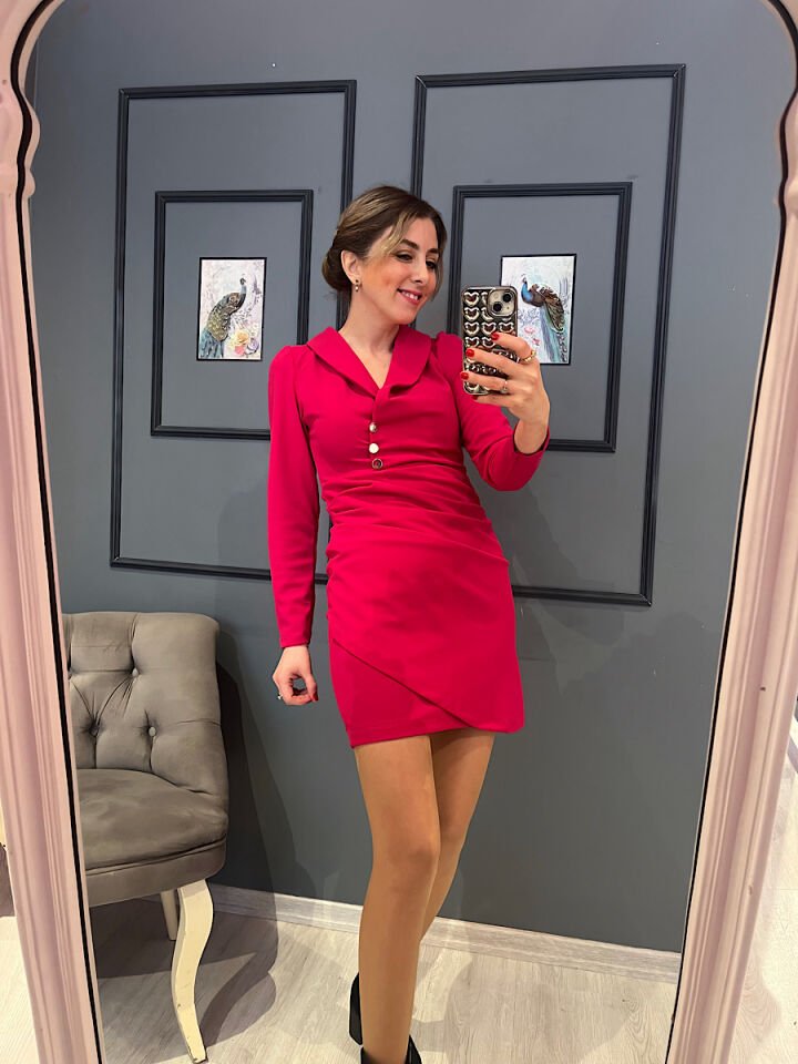 Ceket Yaka Krep Kumaş Elbise-Fuşya