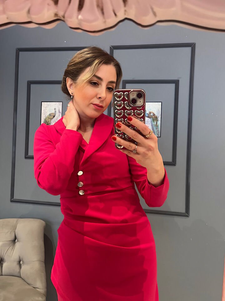 Ceket Yaka Krep Kumaş Elbise-Fuşya